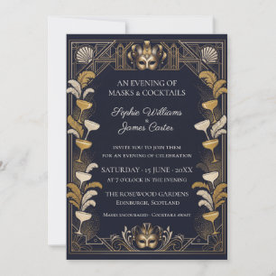 Masquerade Cocktail Navy Gold Invitation