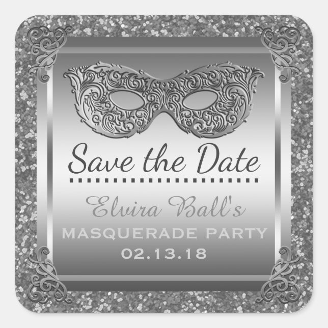 Masquerade Costume Party Glam Silver Save the Date Square Sticker (Front)