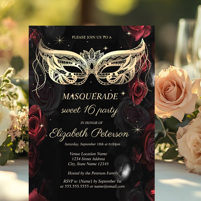 Masquerade Dark Red Roses Gothic Sweet 16 Invitation (Creator Uploaded)