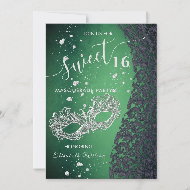 Masquerade diamond damask green sweet 16 invitation (Front)