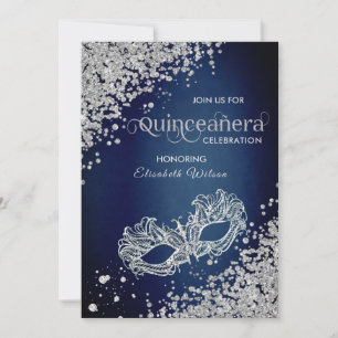  Masquerade diamond luxury Quinceañera blue Invitation