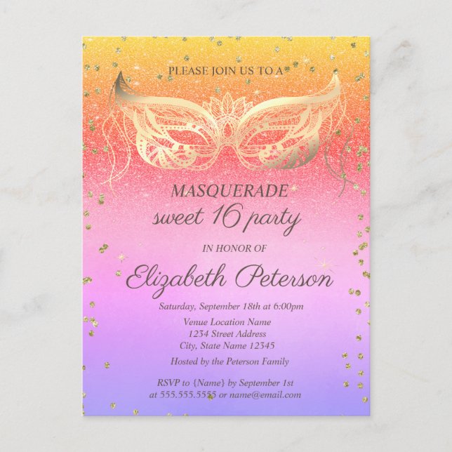 Masquerade  Diamonds Glitter Ombre Sweet 16  Invitation Postcard (Front)