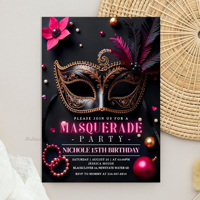 Masquerade Elegant Black Pink Party Invitation (Masquerade Elegant Black Pink Party Invitation)