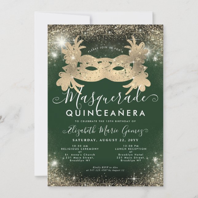 Masquerade Emerald Green Gold Glitter Quinceanera Invitation (Front)