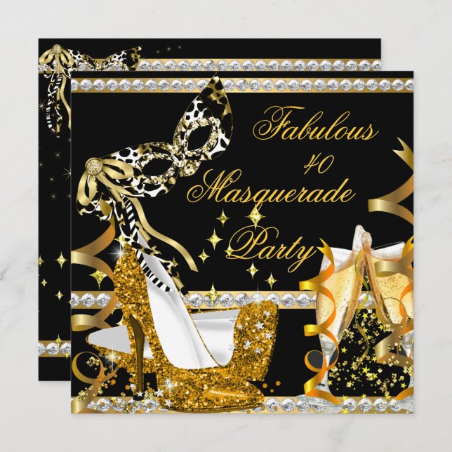 Masquerade Fabulous 40 Woman's Gold High Heel Mask Invitation (Front/Back)