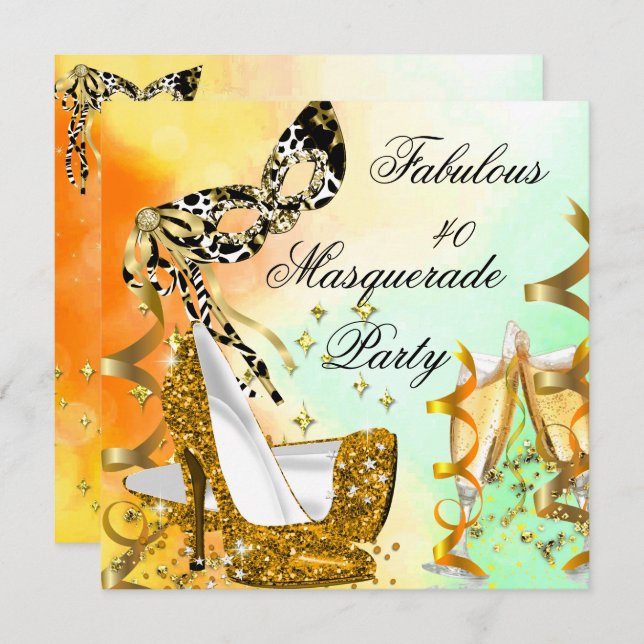 Masquerade Fabulous 40 Woman's Gold High Heels 3 Invitation (Front/Back)