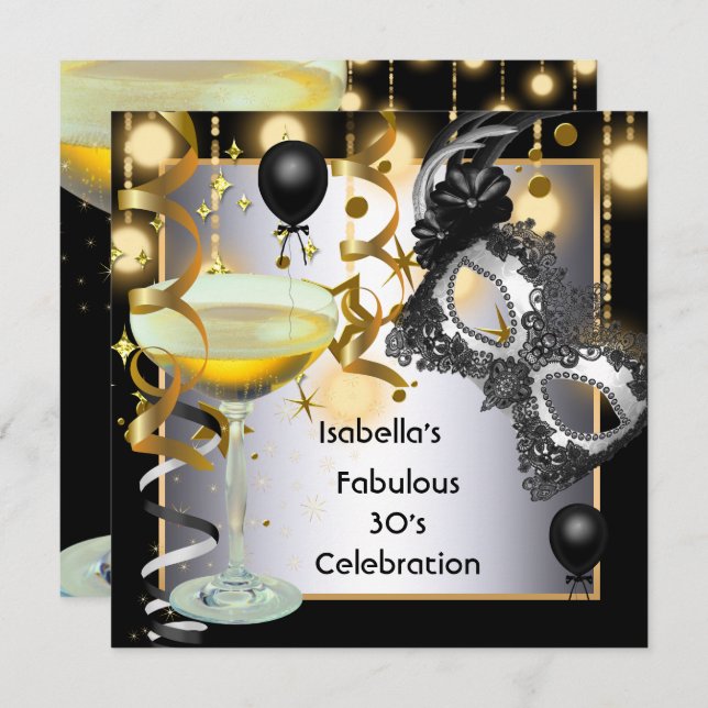 Masquerade Fabulous Silver Mask Gold Lights Party Invitation (Front/Back)