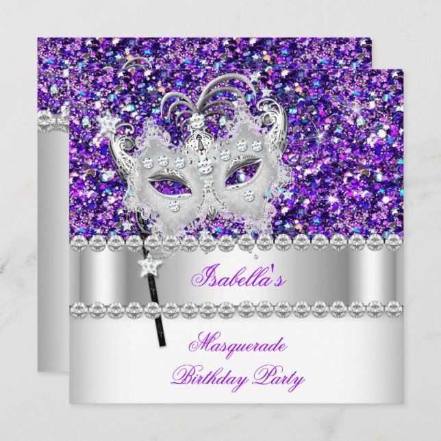 Masquerade Glitter Purple Diamond Mask Birthday 2 Invitation (Front/Back)