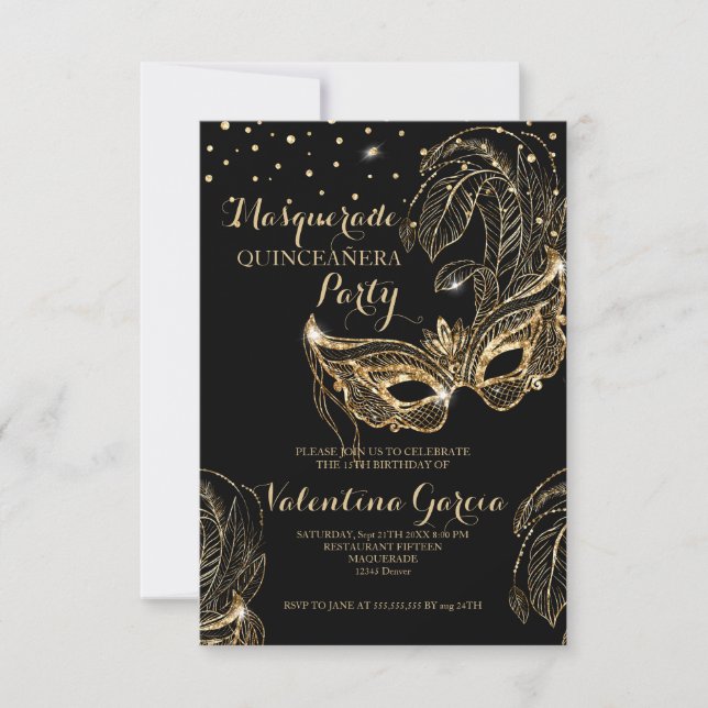 Masquerade glitter quinceanera mask invite (Front)
