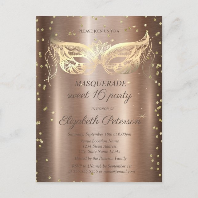 Masquerade Gold Diamonds Copper Sweet 16  Invitation Postcard (Front)