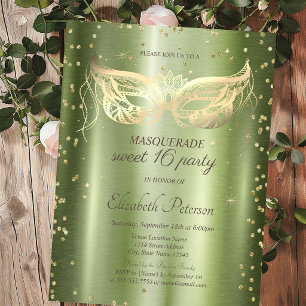 Masquerade Gold Diamonds Green Metallic Sweet 16  Invitation Postcard