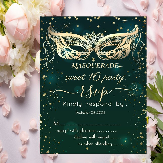 Masquerade Gold Diamonds Green Sweet 16 RSVP  Invitation (Creator Uploaded)