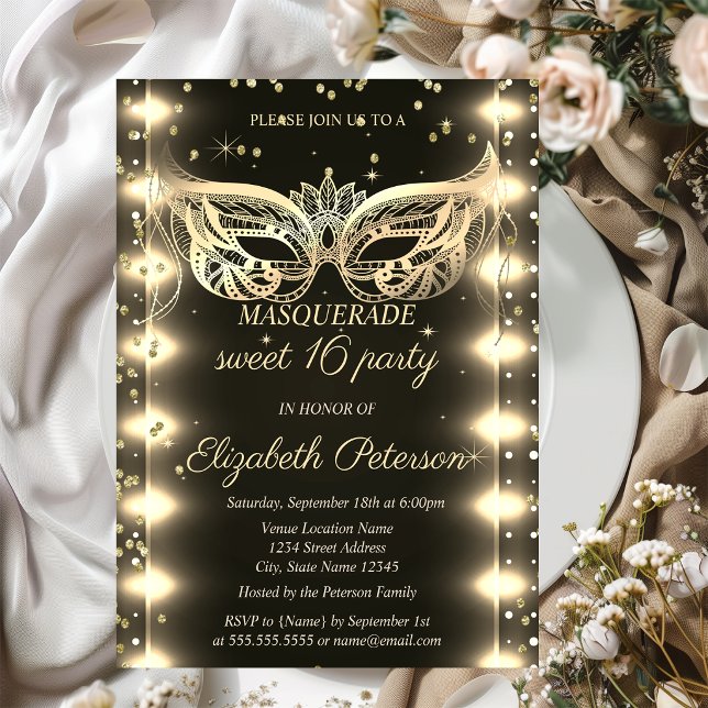 Masquerade Gold Diamonds Lights Sweet 16  Invitation (Creator Uploaded)