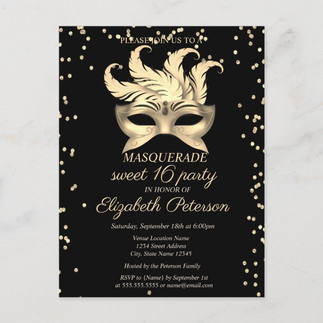 Masquerade Gold Diamonds,Masque Sweet 16 Invitation Postcard (Front)