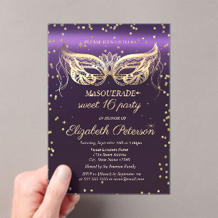 Masquerade Gold Diamonds Purple Sweet 16  Acrylic Invitations