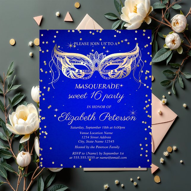 Masquerade Gold Diamonds Royal Blue Sweet 16  Invitation Postcard (Creator Uploaded)