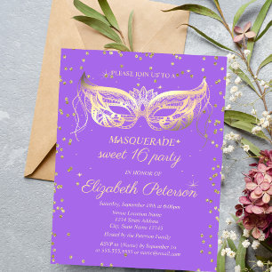Masquerade Gold Diamonds Violet Sweet 16 Invitation Postcard