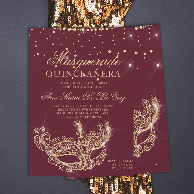 Masquerade gold glitter red burgundy quinceanera invitation (Creator Uploaded)