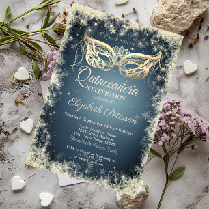 Masquerade,Gold Mask Snowflakes Quinceañera Invitation