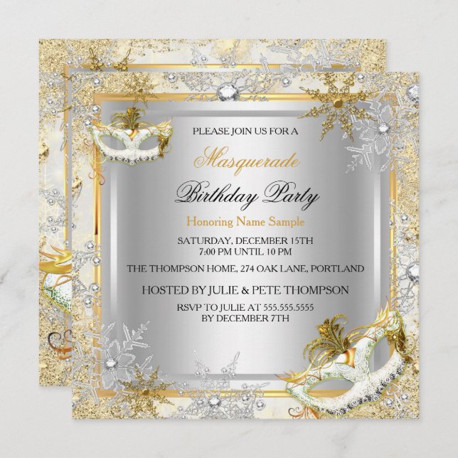 Masquerade Gold Silver Snowflakes Masks Party 2 Invitation (Front/Back)