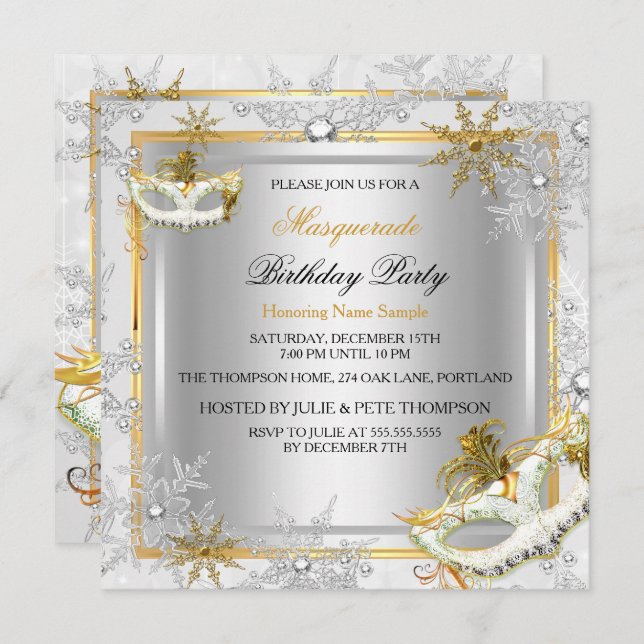 Masquerade Gold Silver Snowflakes Masks Party Invitation (Front/Back)
