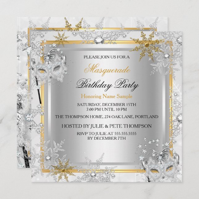 Masquerade Gold Snowflakes Silver Masks Party 2 Invitation (Front/Back)