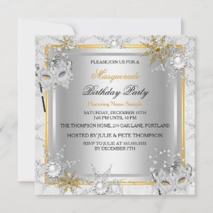 Masquerade Gold Snowflakes Silver Masks Party A Invitation
