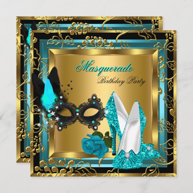 Masquerade Gold Teal Black Glitter High Heels Mask Invitation (Front/Back)