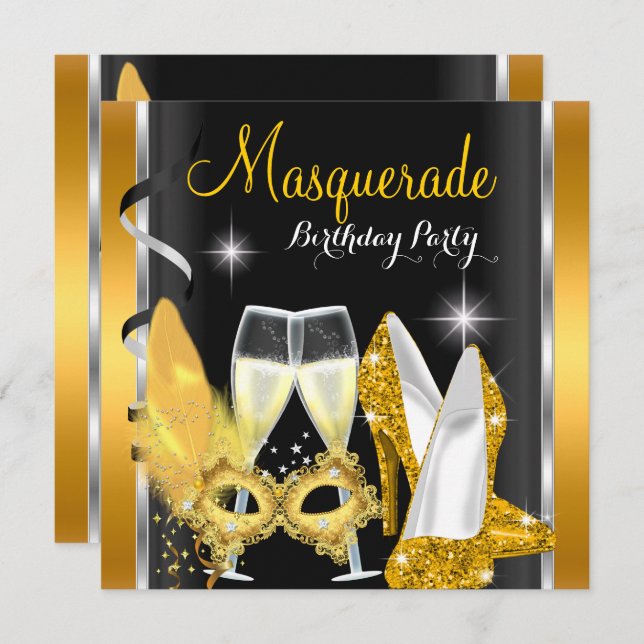 Masquerade Hi Heels Gold Black Champagne Party 2d Invitation (Front/Back)