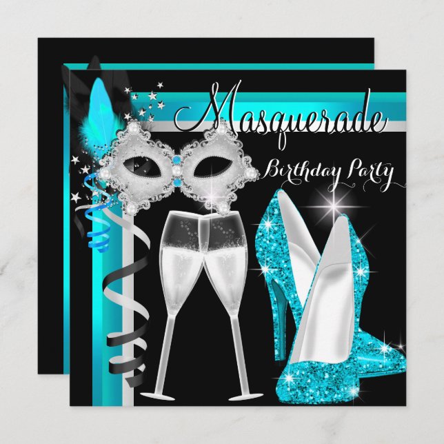 Masquerade Hi Heels Teal Black Champagne Party 2 Invitation (Front/Back)