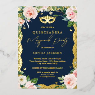 Masquerade Lace Blush Floral Navy Quinceanera 