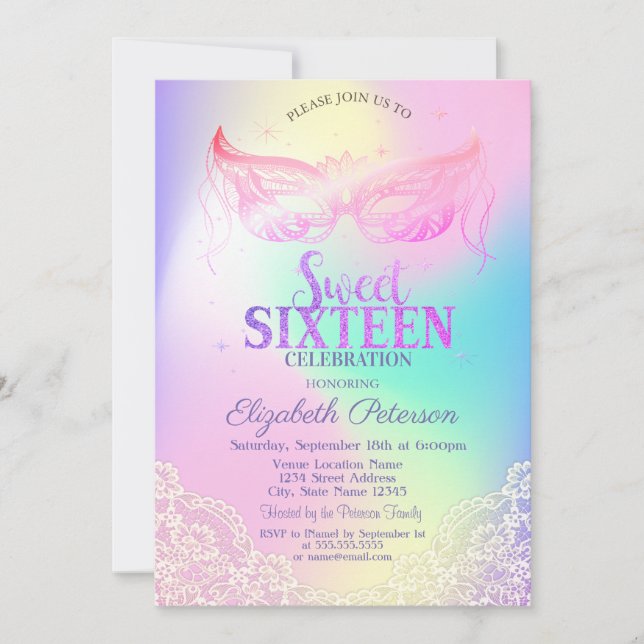 Masquerade,Lace Holographic  Sweet 16 Invitation (Front)