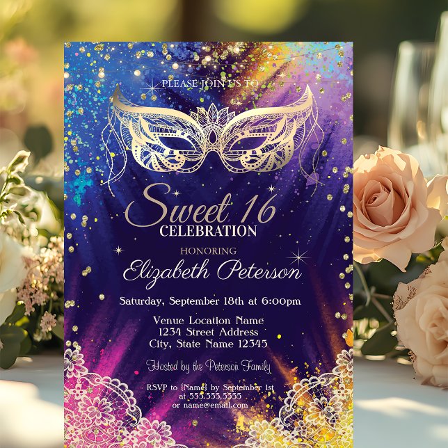 Masquerade, Lace,Paint Splash Sweet 16 Invitation (Creator Uploaded)