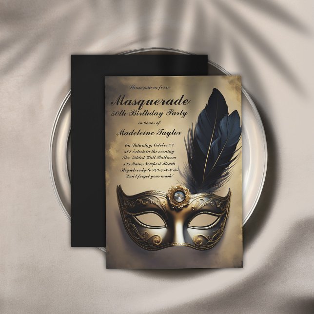 Masquerade Mask Black Gold Dramatic 50th Birthday Invitation (masquerade 50th birthday party invitation dramatic gold black venetian mask elegant modern classy)