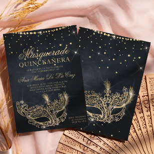 Masquerade mask black gold glitter quinceanera invitation