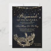 Masquerade mask black gold glitter quinceanera invitation (Front)