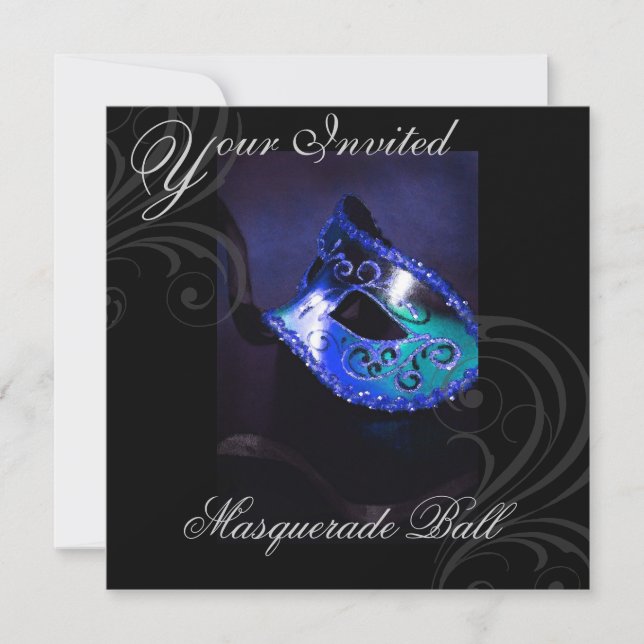 Masquerade Mask Blue Halloween Party Invitation (Front)