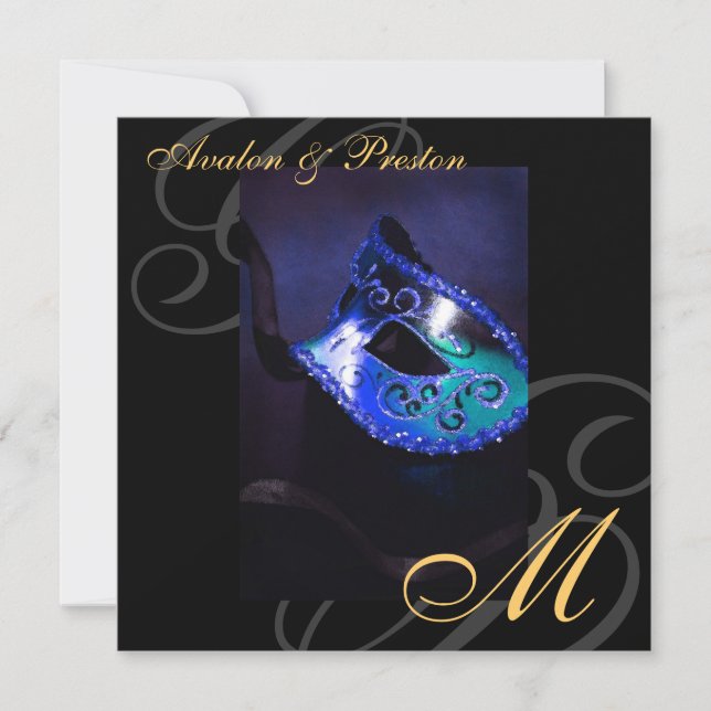 Masquerade Mask Blue Swirl Wedding Invitation (Front)