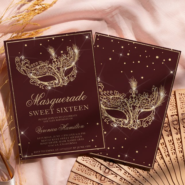 Masquerade mask burgundy gold glitter Sweet 16 Invitation (Creator Uploaded)