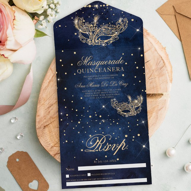 Masquerade mask chic gold glitter quinceanera all in one invitation (Creator Uploaded)