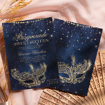 Masquerade mask chic gold glitter sparkle Sweet 16 Invitation<br><div class="desc">A modern,  chic and glamourous sweet sixteen with a hand drawn gold glitter masquerade mask with rose gold glitter diamond sparkles on a dark navy blue watercolor background.</div>