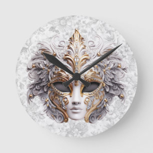 Masquerade Mask Colored in Grays Round Clock