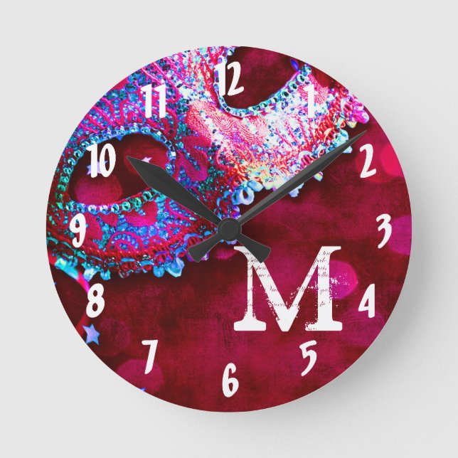 Masquerade Mask Costum Monogram Initial Wall Clock (Front)