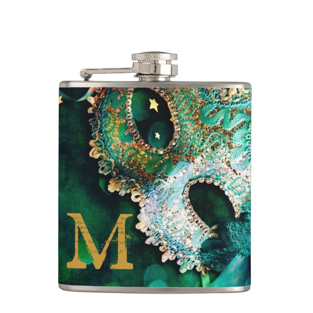 Masquerade Mask Costume Monogram Whiskey Flask (Front)