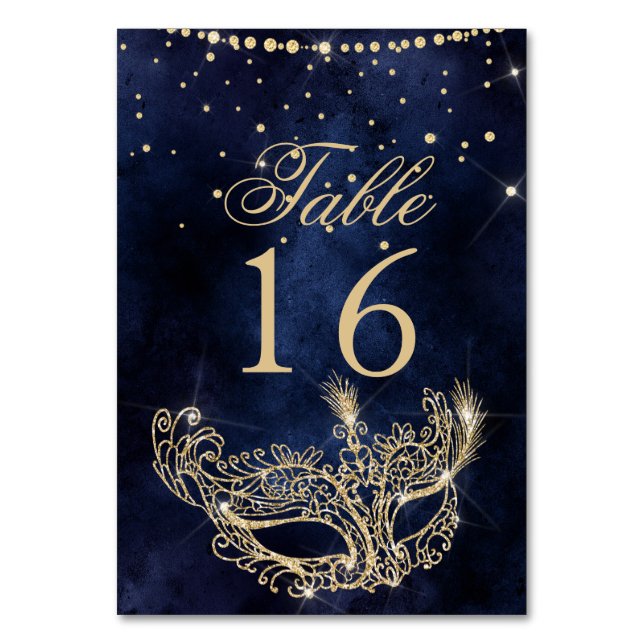 Masquerade mask elegant chic gold glitter sparkles table number (Front)