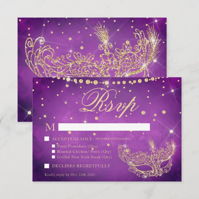 Masquerade mask elegant lilac gold glitter RSVP Card (Front/Back)