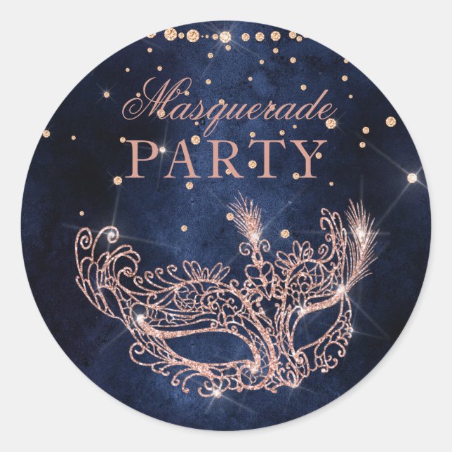 Masquerade mask elegant rose gold glitter sparkles classic round sticker (Front)