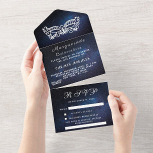 Masquerade Mask Galaxy Blue Stars Quinceanera  All In One Invitation