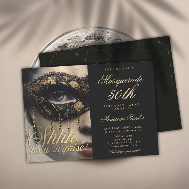 Masquerade Mask Gold Black Surprise 50th Birthday Invitation (surprise 50th birthday party for women masquerade ball party dramatic mask black gold script chic)