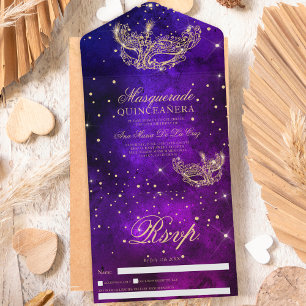 Masquerade mask gold glitter quinceanera purple all in one invitation